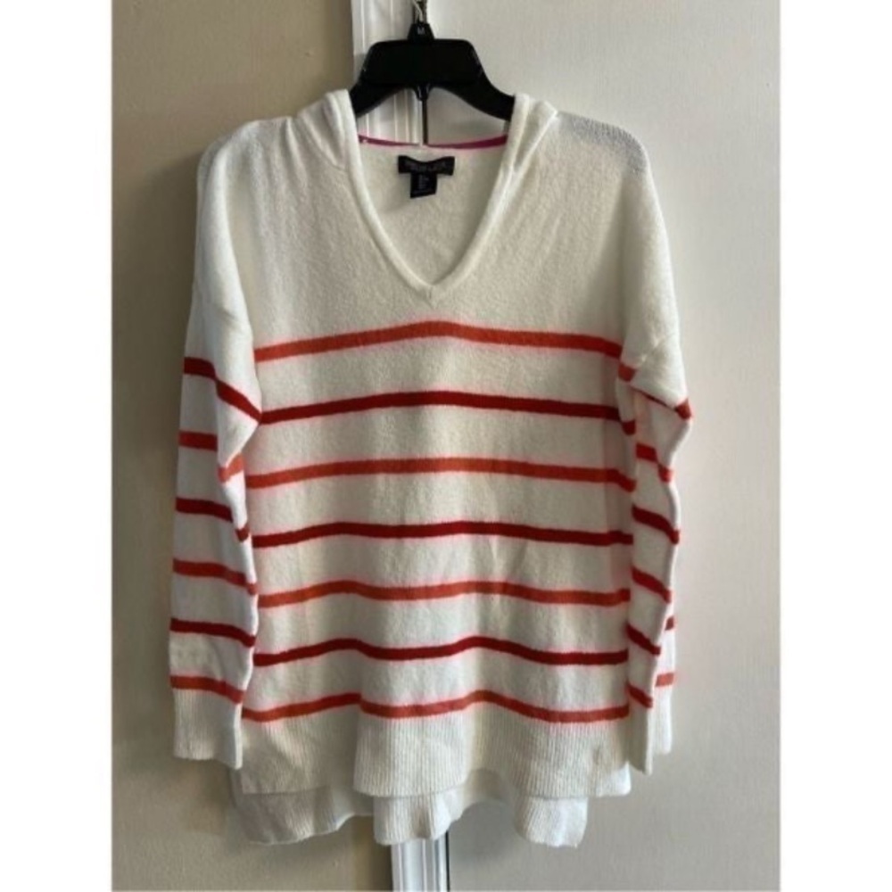 Rachel Zoe V-Neck Sweater - White and Red Stripes hooded relaxed fit Small
